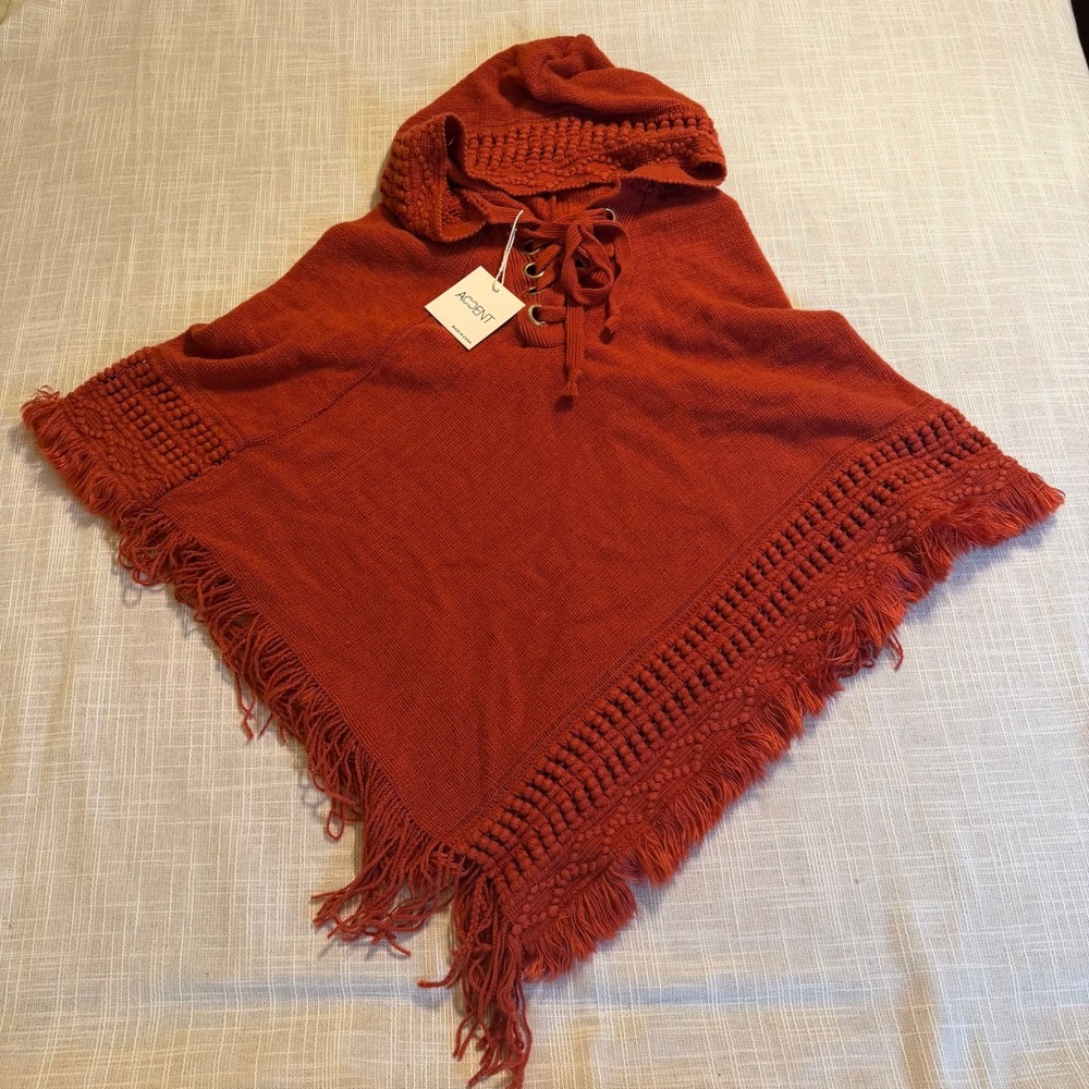 Accent Burnt Orange Hooded Lace Up Fringe Knit Poncho One Size NWT